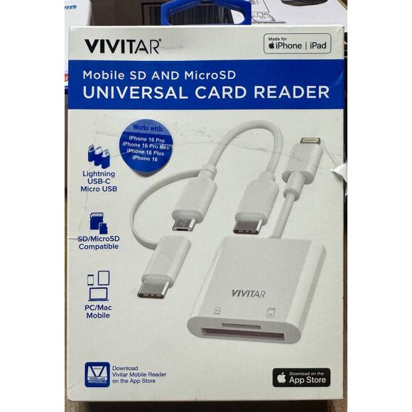 Vivitar Mobile SD/Micro SD Universal Card Reader Lightning, USB-C, Micro USB - Picture 1 of 2